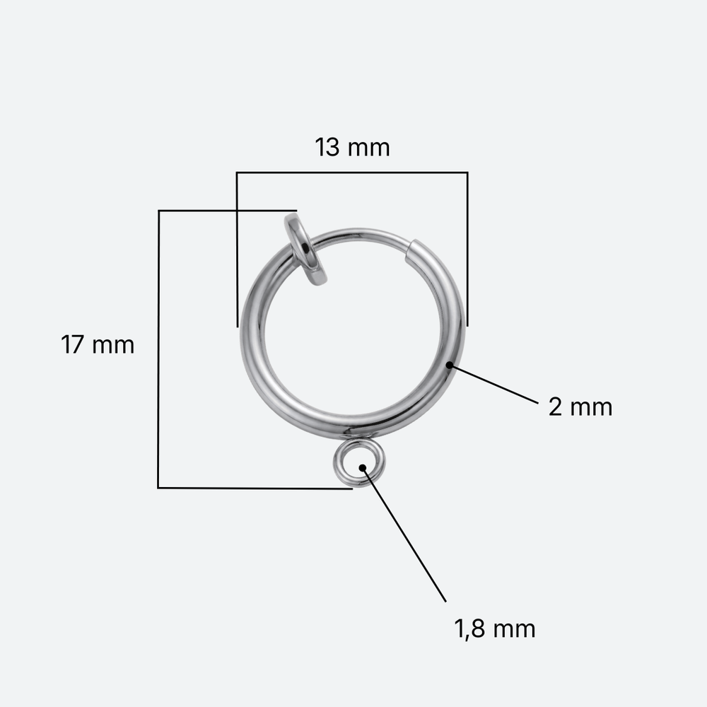 Mittakaavakuva reiattömien korvien huggie-renkaasta: 13 mm halkaisija, 2 mm langan paksuus
