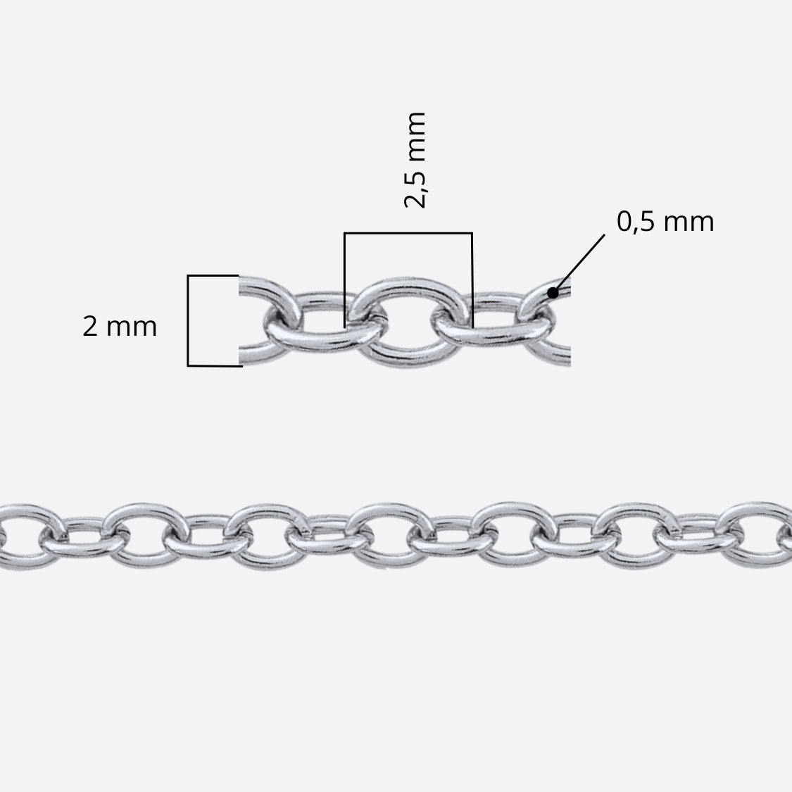 Ankarlänkskedja närbild av ovala inbördes länkar, 2 x 2,5 mm, kirurgiskt stål