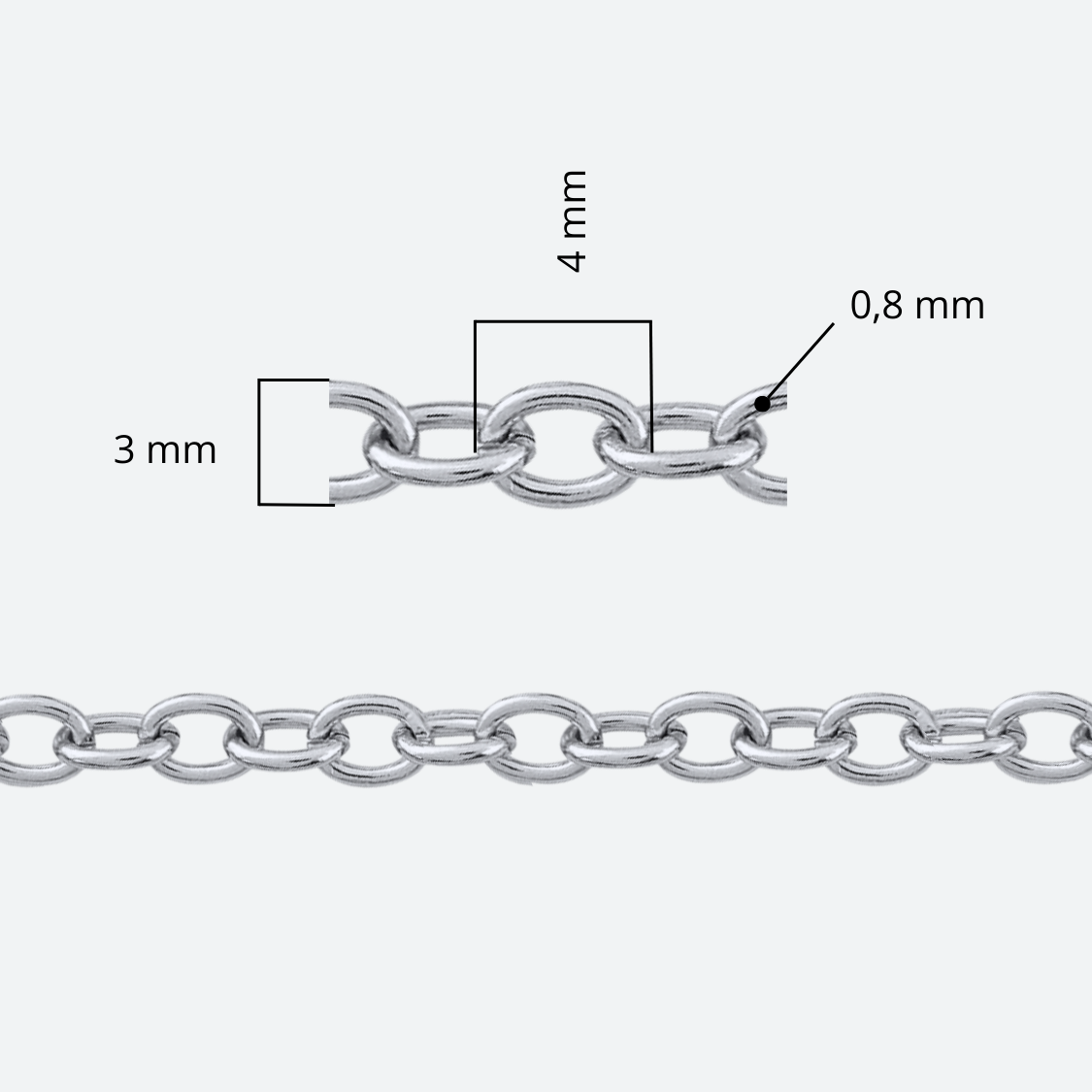 Ankarlänkskedja närbild av inbördes ovala länkarna, 4 x 3 mm kirurgiskt stål