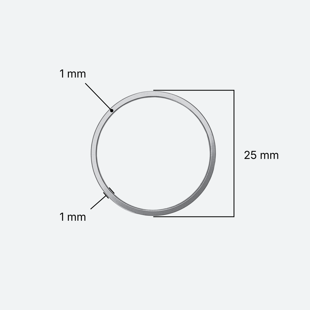 Pyöreän 25 mm korulinkin mittakuva: halkaisija 25 mm, lankavahvuus 1 mm, ruostumaton teräs