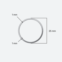 Pyöreän 25 mm korulinkin mittakuva: halkaisija 25 mm, lankavahvuus 1 mm, ruostumaton teräs