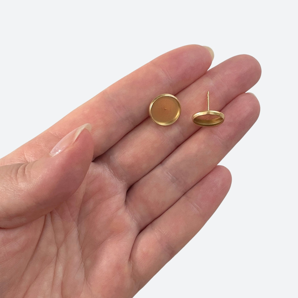 Earring Stud with 12 mm Cabochon Setting, 18K PVD Gold-Plated Stainless Steel 304