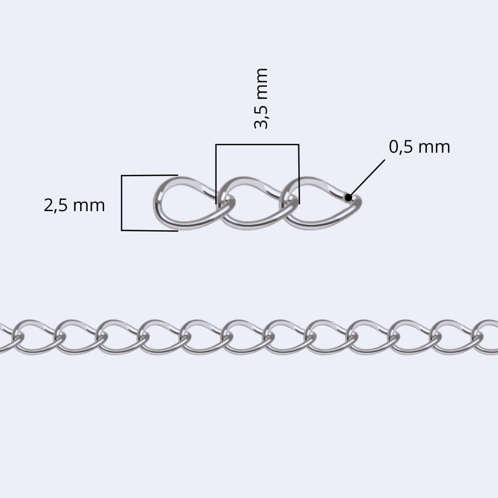 Mittakaavakuva koruketjun lenkistä: 3,5 x 2,5 mm, lankavahvuus 0,5 mm