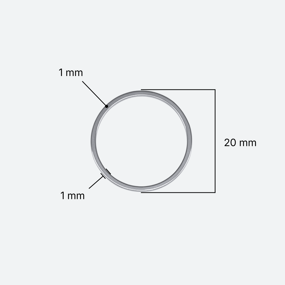 Pyöreän 20 mm korulinkin mittakuva: halkaisija 20 mm, lankavahvuus 1 mm, ruostumaton teräs