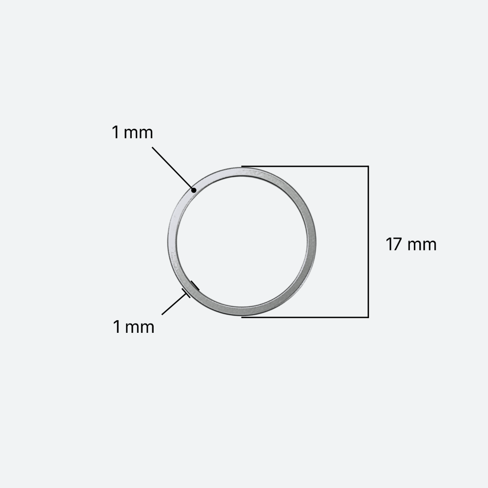 Pyöreän korulinkin mittakuva: 17 mm halkaisija, 1 mm lankavahvuus, ruostumaton teräs