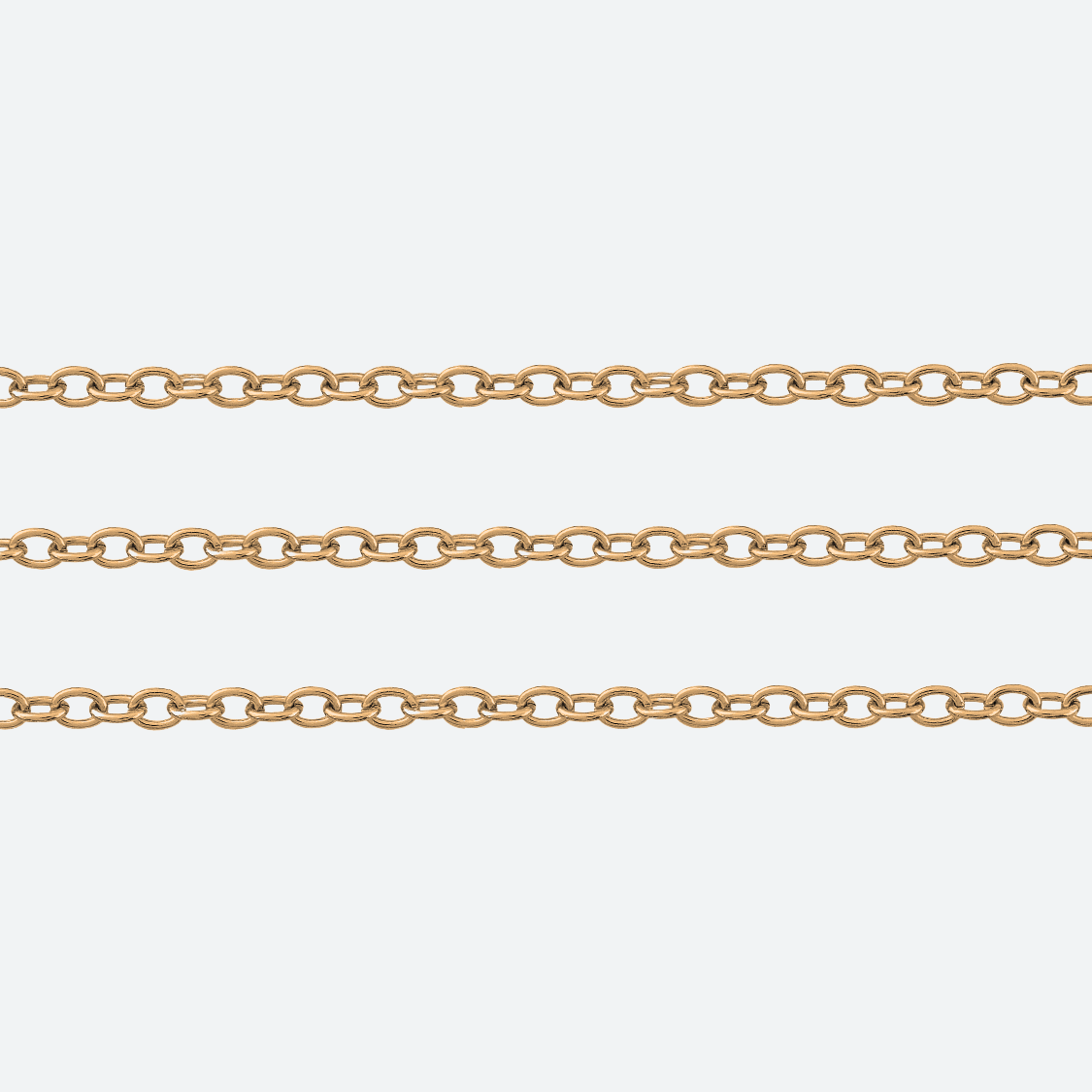 Useita kullattuja ankkuriketjuja rinnakkain, soikeat lenkit 2 x 2,5 mm, 18K PVD-kullattu