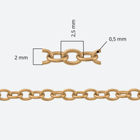 Kullattu ankkuriketju lähikuvana, soikeat sisäkkäiset lenkit 2 x 2,5 mm, PVD-kullattu